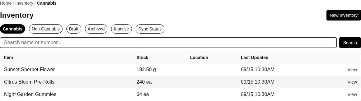 The Inventory page showing Cannabis, Non-Cannabis, Draft, Archived, Inactive, and Sync Status tabs with search, a New Inventory button, and fictional available stock.