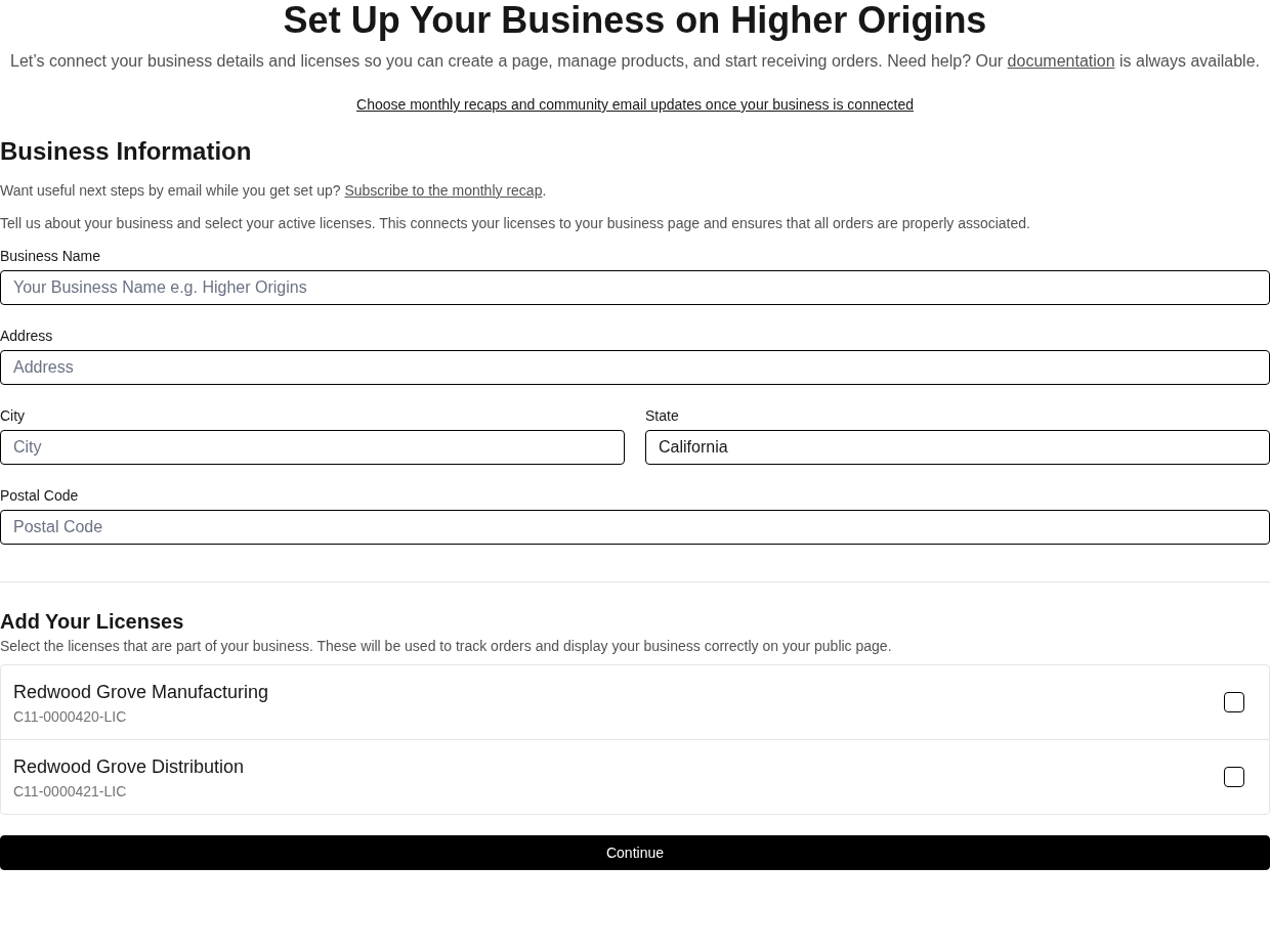 The Higher Origins onboarding screen showing fictional business information fields and two California cannabis licenses available to connect.