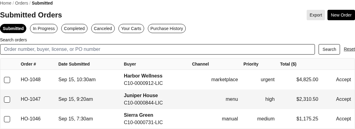 Submitted orders are ready for seller review; select one or more orders to approve them. The Submitted Orders page showing order tabs, search, export, a New Order button, and fictional orders awaiting approval.