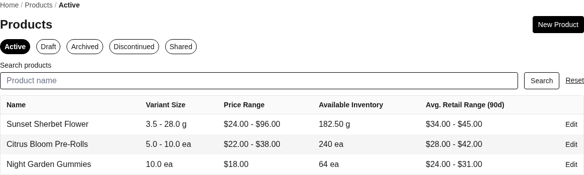 The Products page showing product status tabs, search, and the New Product button.