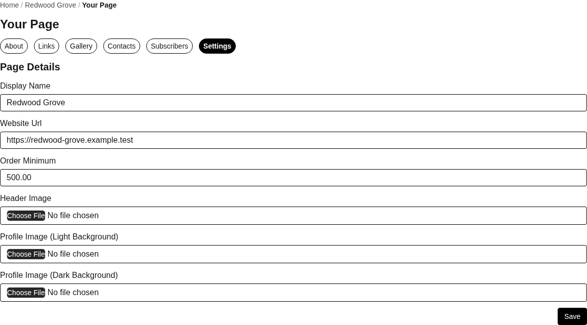 Your Page settings control the selected business's public identity, website, order minimum, and page images. The Your Page settings screen showing About, Links, Gallery, Contacts, Subscribers, and Settings tabs with fictional business page details and image controls.